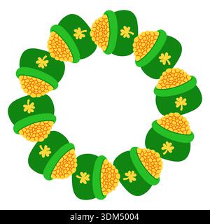 Cadre de vecteur fantaisiste St Patricks Day avec des pots d'éléments en or disposés en couronnes circulaires. Joli design plat pour cartes de vacances, affiches Illustration de Vecteur