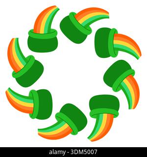 Cadre vectoriel fantaisiste St Patricks Day avec des pots d'éléments arc-en-ciel disposés en couronnes circulaires. Joli design plat pour cartes de vacances, affiches Illustration de Vecteur