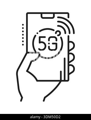 Icône ou étiquette de ligne de technologie de couverture sans fil 5G. Signe de ligne mince de communication sans fil, pictogramme vectoriel linéaire de réseau 5G. Symbole de transmission de vitesse rapide mobile avec smartphone dans la main humaine Illustration de Vecteur