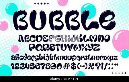 Police bulle liquide funky, police ondulée groovy, alphabet Y2K. Police vectorielle à bulles Y2K, police d'encre liquide. Lettres, chiffres et marques de typographie gonflées ou arrondies de l'alphabet anglais Illustration de Vecteur