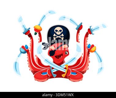 Personnage de pirate animal de poulpe mignon avec corps rouge, chapeau de tricorne noir et patch pour les yeux, vecteur de bande dessinée. Octopus corsair tient plusieurs sabres pointus dans ses longs tentacules comme animal marin pirate des Caraïbes Illustration de Vecteur