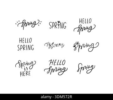 Hello Spring ensemble de phrases dessinées à la main Illustration de Vecteur