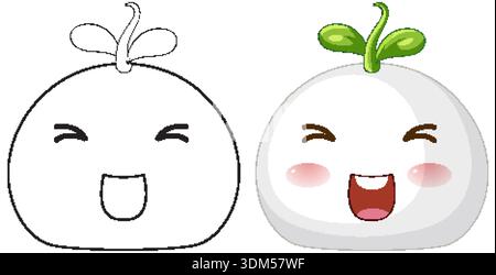 Deux versions d'un personnage de chignon blanc riant avec un germe vert sur fond blanc Illustration de Vecteur
