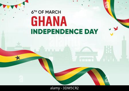Drapeau du Ghana agitant sur fond de Skyline. Illustration vectorielle de conception de concept de jour de l'indépendance. Illustration de Vecteur