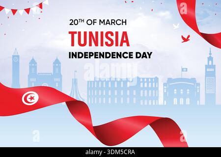 Drapeau tunisien ondulant sur fond de Skyline. Illustration vectorielle de conception de concept de jour de l'indépendance. Illustration de Vecteur