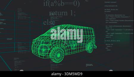 Affichage en rotation d'un van filaire vert néon dans un espace de travail CAO, avec grille, roues et code Banque D'Images