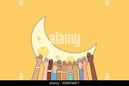 Mains multiculturelles tenant le croissant de lune pour Ramadan Kareem et la célébration islamique de l'Aïd Moubarak Illustration de Vecteur