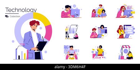 Illustration vectorielle de collection de technologie montrant divers personnages interagissant avec des appareils numériques, codant et s'engageant dans des activités en ligne, mettant en évidence les modes de vie numériques modernes. Illustration de Vecteur