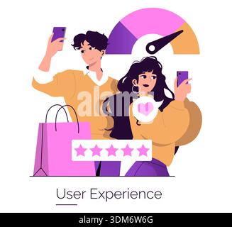 Illustration vectorielle mettant en scène deux personnes tenant un smartphone, s'engageant dans l'évaluation de l'expérience utilisateur. Comprend un sac à provisions, un classement par étoiles et une jauge de satisfaction. Idéal pour les thèmes tech ou marketing. Illustration de Vecteur