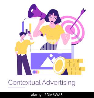 Illustration vectorielle montrant une femme avec un mégaphone et un homme utilisant un smartphone dans un concept de publicité contextuelle. Inclut des symboles de marketing, des cibles et une stratégie numérique. Illustration de Vecteur