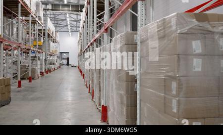 Intérieur d'entrepôt stockant des marchandises et des boîtes en carton sur des étagères Banque D'Images