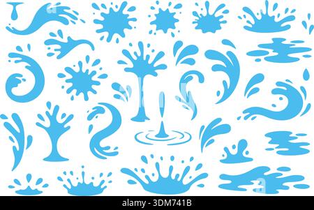 Ensemble d'éclaboussures et de gouttes d'eau bleues. Collection d'éclaboussures liquides de dessin animé, formes fluides abstraites et gouttelettes isolées sur fond blanc Illustration de Vecteur