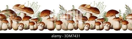 Bordure décorative sans couture de champignons porcini avec des plantes forestières, de l'herbe et des fougères. Idéal pour les arrière-plans, les emballages, les bannières et la conception de menus Banque D'Images