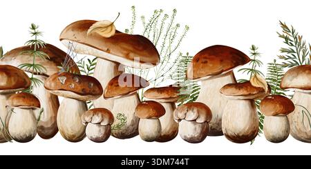 Bordure décorative sans couture de champignons porcini avec des plantes forestières, de l'herbe et des fougères. Idéal pour les arrière-plans, les emballages, les bannières et la conception de menus Banque D'Images