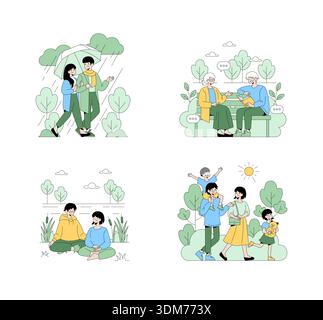 Ensemble d'illustrations vectorielles représentant différents moments de la vie. Un couple se promène sous la pluie, les aînés discutent sur un banc, une famille profite d’une balade dans le parc et deux personnes méditent à l’extérieur. Illustration de Vecteur