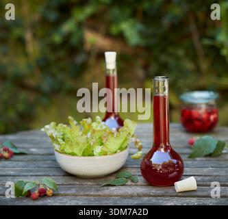 Framboise (Rubus idaeus). Vinaigre de framboise maison en bouteilles et dans un pot de conservation, à côté d'un bol de salade sur une table en bois Banque D'Images
