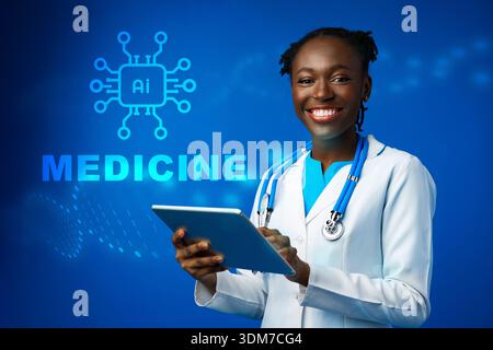 Jeune femme en manteau blanc tient une tablette avec des thèmes médicaux et IA en arrière-plan Banque D'Images