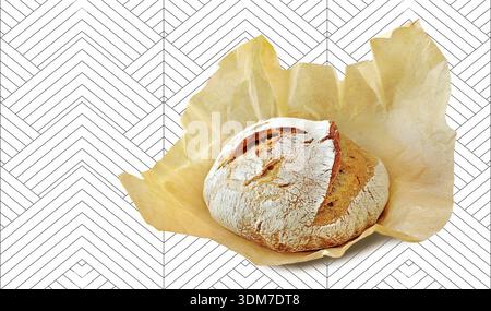 Pain sur papier parchemin, isolé sur fond léger à motifs. Produit de pain au levain tendance, saupoudré de farine, avec un croustillant Banque D'Images