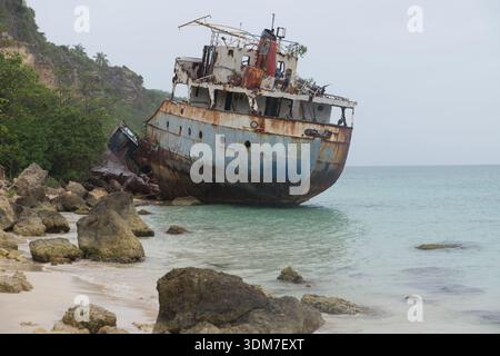Naufrage sur Sandy Ground Beach, Anguilla avec une végétation luxuriante Banque D'Images