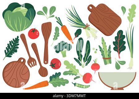 Ensemble de légumes. Légumes colorés dessinés à la main et salade. Aliments biologiques sains. Voir le design Fair. Récolte saine dans un style plat simple. Illustration de Vecteur