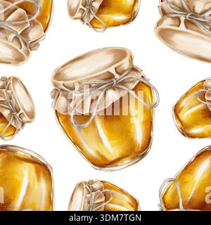 Motif aquarelle sans couture de pots de miel avec couvercles en papier kraft et liens de ficelle dans des tons dorés chauds. Idéal pour l'emballage, l'image de marque, les textiles de cuisine, Banque D'Images