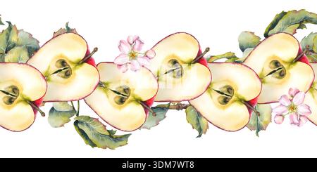 Illustration aquarelle d'une moitié de pomme rouge avec fleurs de pomme rose en fleurs et feuilles vertes frontière sans couture. Parfait pour l'emballage, la conception de recettes, Banque D'Images