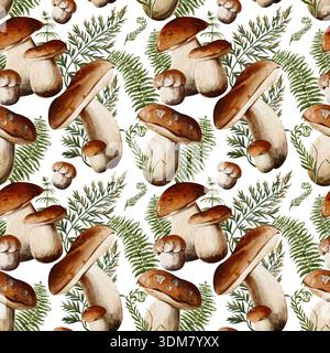 Motif sans couture avec des champignons porcini et des fougères forestières isolés sur un fond blanc. Parfait pour l'emballage, les textiles, le papier peint et respectueux de l'environnement Banque D'Images