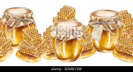 Bordure sans couture aquarelle avec des pots en verre de miel doré et des nids d'abeilles égouttant. Un design doux et naturel idéal pour les étiquettes, les emballages de miel, les produits alimentaires biologiques et les cosmétiques écologiques. Banque D'Images