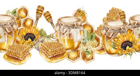 Aquarelle bordure sans couture avec des pots de miel, des nids d'abeilles égouttant, des racines de gingembre, des abeilles, des tournesols et des fleurs de tilleul. Idéal pour l'emballage biologique tisane apiculture marque soins de la peau ou éco-produits. Banque D'Images