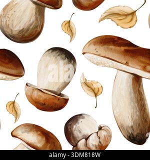 Motif sans couture avec des champignons porcini de différentes formes et des feuilles d'automne isolés sur un fond blanc. Parfait pour l'emballage, les textiles Banque D'Images