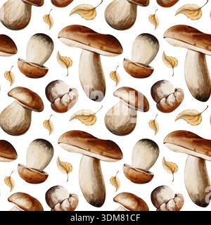 Motif sans couture avec des champignons porcini de différentes formes et des feuilles d'automne isolés sur un fond blanc. Parfait pour l'emballage, les textiles Banque D'Images