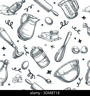 Modèle sans couture vectoriel avec illustration dessinée à la main des ingrédients de cuisson, ustensile de cuisine et outils. Conception pour boulangerie, fond culinaire, Illustration de Vecteur