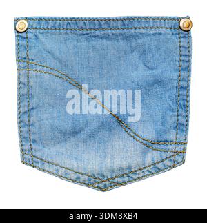 Poche Jean en denim bleu avec coutures jaunes et rivets en métal sur fond transparent Banque D'Images