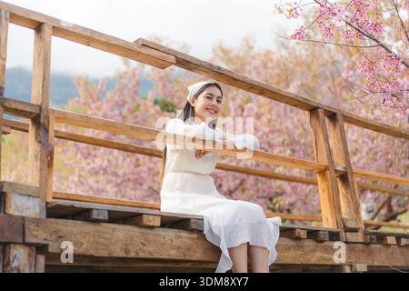 Belle femme asiatique en robe blanche assise sur un pont en bois sous une cerise himilayenne sauvage en fleurs à Khun Wang, Chiang mai, Thaïlande Banque D'Images