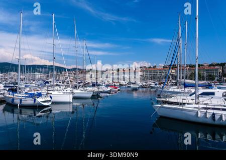 Voiliers amarrés dans le port de Trieste avec l'horizon de la ville et le plateau du Karst au loin. Banque D'Images