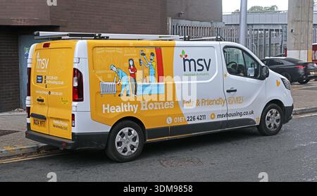 MSV Mosscare St Vincent’s Housing Association « Healthy Homes » fourgon de service de marque garé dans une rue à Stockport, Greater Manchester, Angleterre, Royaume-Uni. Banque D'Images
