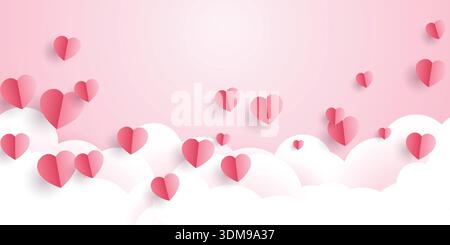 Valentines coeurs au-dessus des nuages carte postale. Éléments volants en papier sur fond rose. Symboles vectoriels de l'amour en forme de coeur pour les femmes heureuses, les mères, Illustration de Vecteur