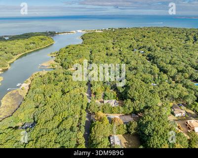 vue aérienne de fenmarsh road et environs, east hampton, ny Banque D'Images