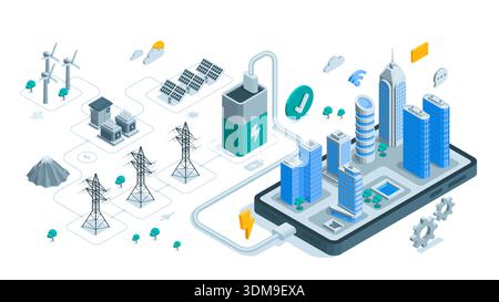 Concept vectoriel isométrique avec une ville sur un écran de smartphone et des générateurs venteux avec des panneaux solaires sur un fond blanc, énergie écologique verte Illustration de Vecteur