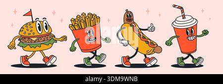 Ensemble de personnages de nourriture avec hamburger de dessin animé groovy, frites, hot dog et tasse de soda dans un style rétro vintage sur fond clair. Vecteur de caractère alimentaire Illustration de Vecteur