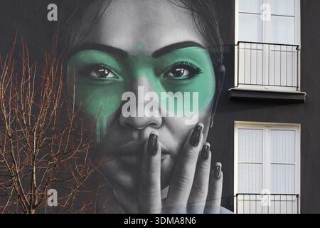 Portrait d'une femme eurasienne, Rasimin, murale de l'artiste de rue fin DAC, Duesseldorf, Rhénanie du Nord-Westphalie, Allemagne Banque D'Images