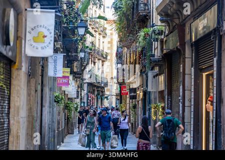 Vieille ville de Barcelone, rues commerçantes étroites dans la vieille ville les acheteurs et les touristes se promènent à travers la vieille ville, Banys nous, Espagne, Europe, 2025 Banque D'Images