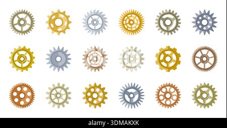 Jeu d'icônes engrenage plat. Industrie roue dentée de génie mécanique. Technologie roues dentées métalliques industrielles pour les projets techniques d'automatisation industrielle. Eléments graphiques de machines. Illustration vectorielle Illustration de Vecteur