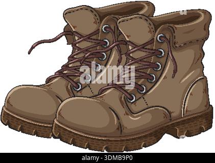 Paire de bottes de randonnée marron avec lacets détaillés, style de dessin animé, fond blanc propre Illustration de Vecteur
