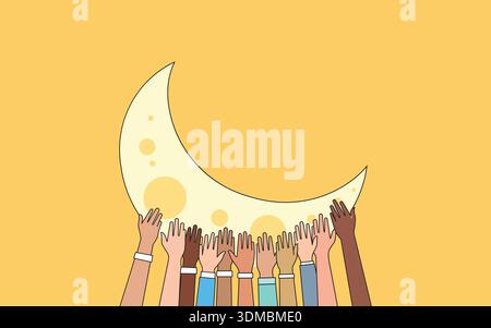 Mains multiculturelles tenant le croissant de lune pour Ramadan Kareem et la célébration islamique de l'Aïd Moubarak Illustration de Vecteur