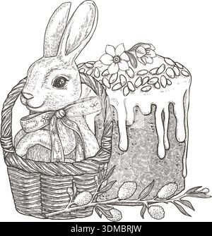 Lapin mignon dans le panier de fleurs avec illustration vectorielle de gâteau de Pâques dans le style de croquis vintage. Lapin festif avec noeud en dentelle et saule. Art dessiné à la main pour la conception de vacances et modèle de carte de printemps. Illustration de Vecteur
