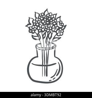 Bouquet de fleurs fantaisistes dans l'illustration graphique vectorielle de vase. Pot en verre dessiné à la main avec des fleurs. Plante de jardin florale isolée doodle. Noir et blanc Illustration de Vecteur