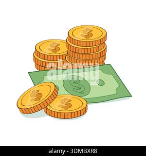 Piles de pièces d'or et de monnaie de papier avec illustration vectorielle de symbole de dollar, représentant l'argent, l'épargne, la richesse, le revenu, et la croissance financière Illustration de Vecteur