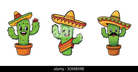 Personnages drôles de Cactus Cartoon portant mexicain Sombrero chapeaux Vector illustration, idéal pour les concepts liés au Mexique, Cinco de Mayo festivals Illustration de Vecteur