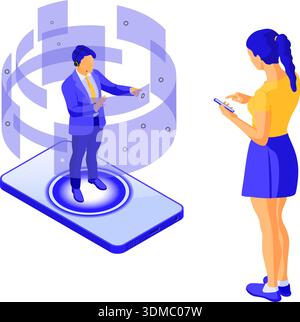 Support client en ligne concept isométrique. Centre d'appel mobile avec l'homme consultant, casque, rating, icônes de chat, téléphone portable.. personnes isométrique landin Illustration de Vecteur